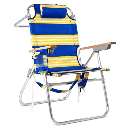 Backpack Beach Chairs for Adults Capacity 300 LBS high 5 Position Beach Chair with Pouch Straps Folding Lightweight Reclining Aluminum Wide Lay Flat Single - color: 17in Wood Yellow Blue Stripes 1 Pack