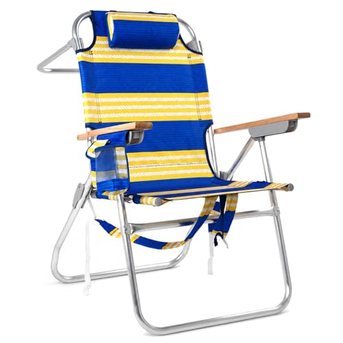 Backpack Beach Chairs for Adults Capacity 300 LBS high 5 Position Beach Chair with Pouch Straps Folding Lightweight Reclining Aluminum Wide Lay Flat Single - color: 17in Wood Yellow Blue Stripes 1 Pack
