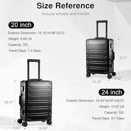 VentureVault All Aluminum Carry On Luggage 22x14x9 Airline Approved，Zipperless Luggage Premium Aluminum Suitcase Luggage, Hard Shell Carry On Luggage with Spinner Wheels (black, 20inch) - color: Black, size: 20inch