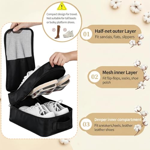 2 PCS Shoes Bags for Travel, Shoe Packing Cubes Holds 2 Pair of Slippers and 1 Pair of Sneakers Waterproof for Toiletries Visible Travel Luggage with Trolley Sleeve for Sport and Travel-Black