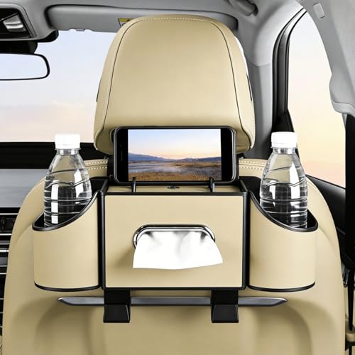 Back Seat Car Organizer, Nappa Leather Car Seat Organizer with Cup Holders and Tissue Box, Premium Hanging Storage Bag for SUV Truck Road Trip (Beige) - color: Beige
