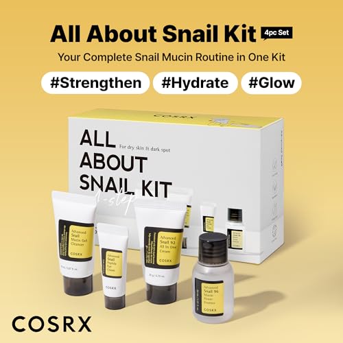 COSRX All About Snail Mucin Korean Skin Care Set, Mini Travel Essentials, Travel Size Gift Set with Snail Mucin Face Wash, Serum, Moisturizer & Eye Cream, Rejuvenating Kit, Mothers Day Gifts for Mom