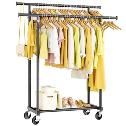 HYSEYY Double Rods Clothes Rack, Rolling Clothing Rack for Hanging Clothes Portable Wardrobe Rack, Metal Garment Rack Sturdy Coat Rack for Bedroom Laundry Living Room, Black - color: Black, style: Modern