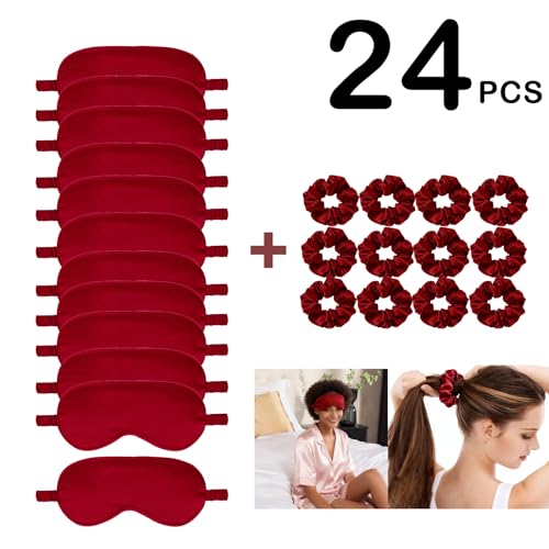 24Pcs Satin Eye Mask Silk Sleep Masks Silky Eyes Cover Blackout Blindfold Eyeshade Scrunchies Hair Ties Travel Wedding Gift - color: Dark Red