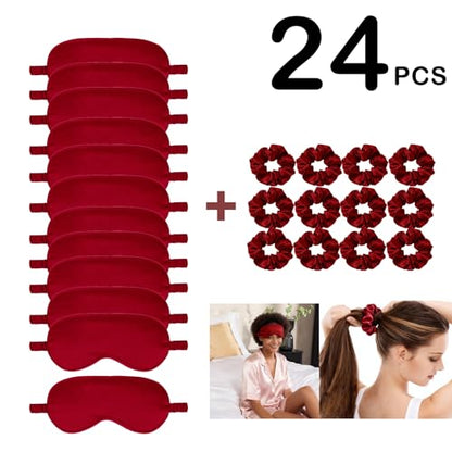 24Pcs Satin Eye Mask Silk Sleep Masks Silky Eyes Cover Blackout Blindfold Eyeshade Scrunchies Hair Ties Travel Wedding Gift - color: Dark Red