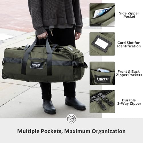 STOVER 45/80/100L Rolling Duffel Bag with Wheels, Large Durable Travel Duffle + Toiletry Bag, Heavy Duty, Packable, Foldable with Shoulder Straps- Use as Luggage or Backpack, Men/Women (Green) - color: Green
