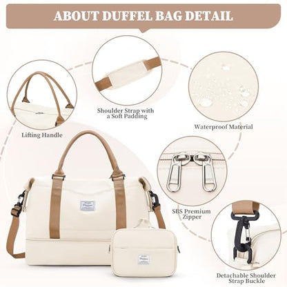 Weekender Bags for Women,Personal Item Travel Bag with Shoes Compartment,Overnight Travel Duffel Bag with Toiletry Bag,Medium - color: Beige & Brown, size: Medium