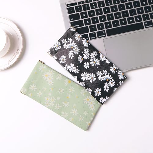 Glasses Case Soft, Eyeglass Cases for Women Portable Squeeze Top PU Leather 2 Pack Glasses Pouch with Cleaning Cloth - color: 2pcs Black Daisy+green Daisy