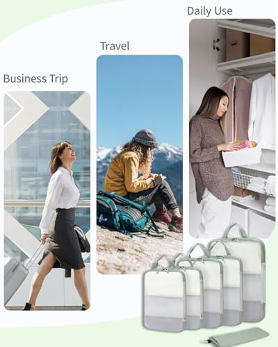 ECOHUB 6 Set Compression Packing Cubes, Lightweight Vacation Travel Essentials, Durable Travel Accessories for Suitcase Carry On Luggage Organizer Bags Set with YKK Zippers Shoe Bag, Green - color: Green