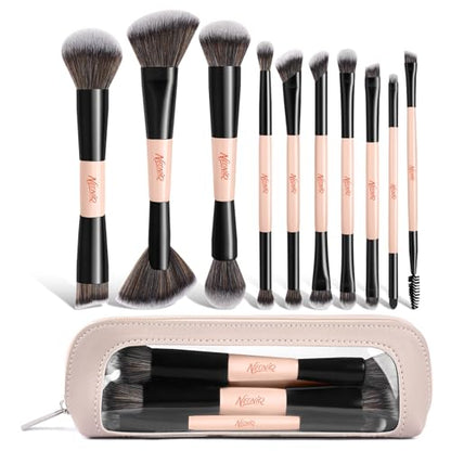 10 PCS Travel Makeup Brush Set With Bag, Makeup Brushes, Double-End Multi-functional Brushes for Foundation Powder Blush Eyeliner Eyeshadows, Professional Face Brush Set（Pink） - color: Pink