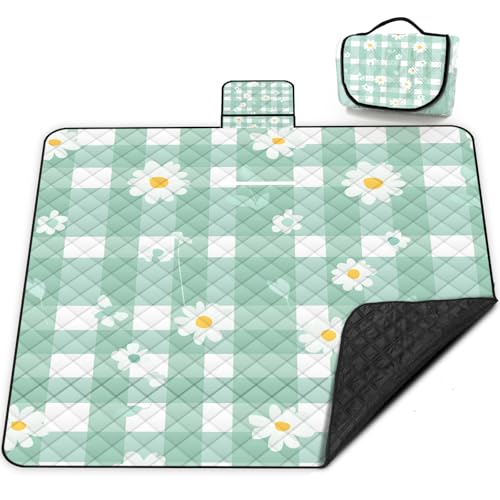 Extra Large Picnic Blanket Waterproof,80"x 80"Foldable Machine Washable Beach Blanket,Outdoor Blanket for 6-8 Adults,Suitable for Indoor Crawling,Park Beach,Camping,Hiking,Family Travel(Light green) - color: Green Flower, size: 6'8" x 6'8" (Square)