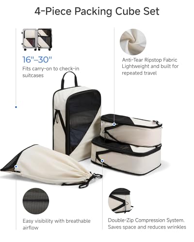 LUGGEX Compression Packing Cubes for Travel, 4 Set Lightweight Luggage Organizer Bags with Shoe Bag, Space Saving Suitcase Packing Cubes for Carry-On with Breathable Mesh, Double-Zipper (POX01, Beige) - size: 4 Set - 1 Large Cube