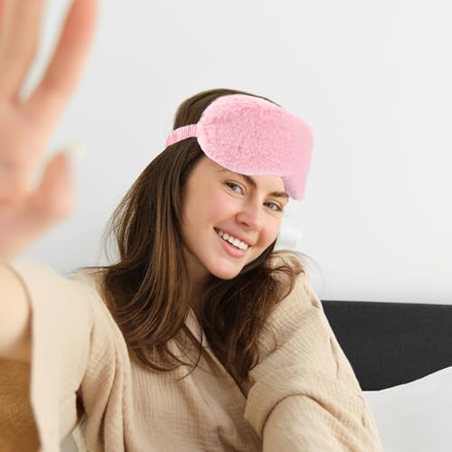 2 Pcs Plush Eye Mask Soft Sleeping Blindfold Eye Cover Comfortable Furry Faux Fur Sleeping Mask Satin Nap Night Eyeshade Cover for Women Men Gift (Pink, Red) - color: Pink, Red