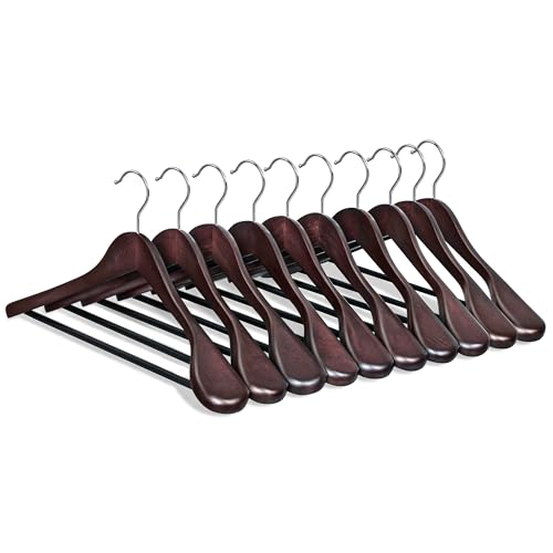 SONGMICS Extra Wide Wooden Suit Hangers, Set of 10 Clothes Hangers, Swivel Hooks, Non-Slip Bars, for Outfits, Suits, Coats, Shirts, Dresses, Mahogany UCRW050MZ01 - color: Mahogany