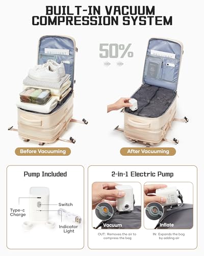 wepadre Vacuum Backpack Travel with Pump Travel Backpack with Vacuum System Expandable Vacpack Compression Backpacks for Travel Easy Vac Pack Carry on Luggage Beige - color: Beige
