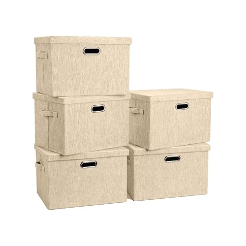 Collapsible Storage Bin with Lid Linen Fabric Foldable Storage Box Organizer with Cover Suitable for Home Bedroom Office Nursery (Beige, Small-5Pack) - color: Beige, size: Small-5Pack
