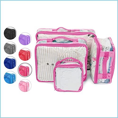 Clear Packing Cubes set of 4 / Packs 7-10 Days of Clothes/Premium PVC Plastic Storage Bags - color: Pink