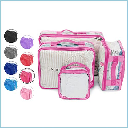 Clear Packing Cubes set of 4 / Packs 7-10 Days of Clothes/Premium PVC Plastic Storage Bags - color: Pink