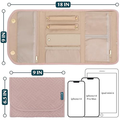 PAVILIA Travel Jewelry Case Organizer, Foldable Jewelry Travel Roll Bag, Small Jewelry Travel Pouch Wallet for Earrings, Rings, Necklaces, Bracelets, Travel Packing Accessories (Quilt Pink) - color: Quilt Pink