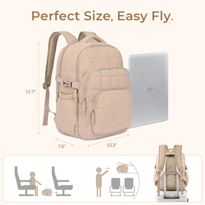 CLUCI 17.3 Inch Laptop Backpack for Women, Anti Theft Travel Backpack, Puffer Quilted Work Backpack, Water Resistant College Bookbag, Carry on backpack with RFID (Khaki) - color: Khaki