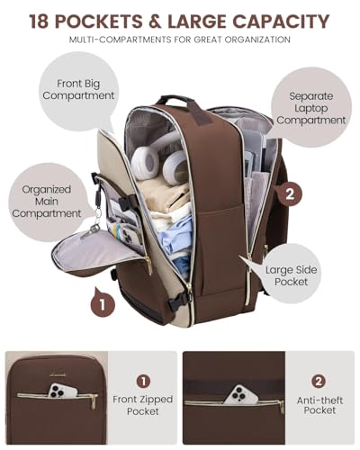 LOVEVOOK 40L Travel Backpack for Women & Men, Airline Approved Carry On Luggage with 3 Packing Cubes, TSA Overnight Bags, Waterproof Personal Item Bag, Weekender Essentials Backpacks fits 17" Laptop - color: Coffee-beige-black, size: Large