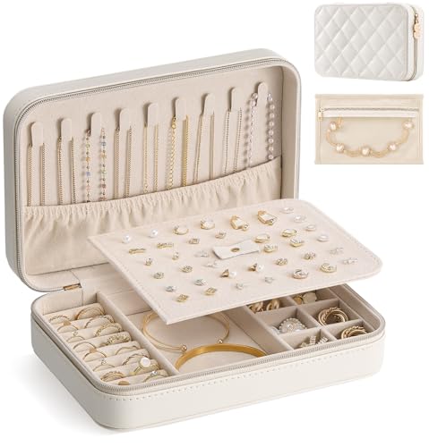 Lolalet Travel Jewelry Case for Women Girls, PU Leather Jewelry Organizer with Clear Storage Bag Small Portable Jewelry Box for Necklace Bracelet Earring Ring Birthday Bridesmaid Gifts -Large/Beige - color: Beige, size: Large (8.2"W*4.2"D*2.4"H)