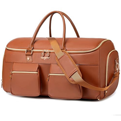 Suit Bag,Vessgra 56L Garment Bags for Travel,2 in 1 Leather Duffle Bags for Men Women, PU Leather Convertible Travel Bag with Shoe Compartment,Work Weekender Bussiness Wedding,Reddish Brown - color: Reddish Brown