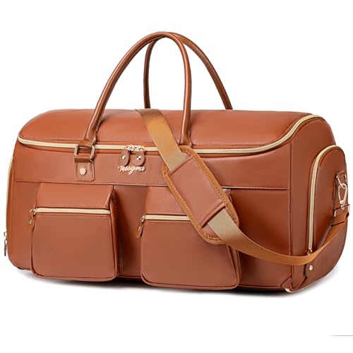 Suit Bag,Vessgra 56L Garment Bags for Travel,2 in 1 Leather Duffle Bags for Men Women, PU Leather Convertible Travel Bag with Shoe Compartment,Work Weekender Bussiness Wedding,Reddish Brown - color: Reddish Brown