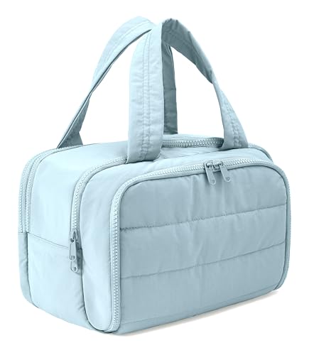 Travel Toiletry Bag for Women, Large Wide-open Puffy Cosmetic Makeup Bag with Wet-Dry Separation, Multi-Pocket Organizer with Carry Handle for Toiletries, Cosmetics, Essentials, Light Blue - color: Light Blue