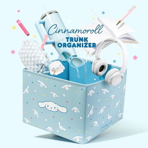 Sanrio Cinnamoroll Car Trunk Organizer & Steering Wheel Cover Set – Cute, Non-Slip, Soft Grip Car Accessories for Women – Collapsible Storage Bin for Groceries, Tools & Travel – 12.5"L x 12.5"W x 9"H - style: Set Cinnamoroll