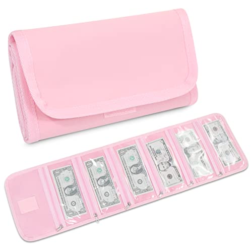 Money Organizer, Money Wallet for Cash with 6 Pocket,Money Bags, Money Pouch,Cash Organizer, Cash Bag, Small Travel Money Holder for Budgeting, Receipt and Tips, for Gifts - color: Pink