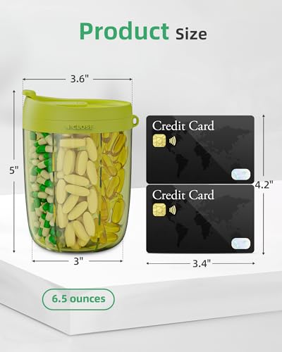 PULIV Large Pill Bottle Organizer, Supplement Organizer for Holding 6 Various Vitamins, Pill Box Case with Anti-Mixing & Wide Opening Design, Easy to Retrieve Meds and 20 Pcs Stick-on Labels, Green - color: Green