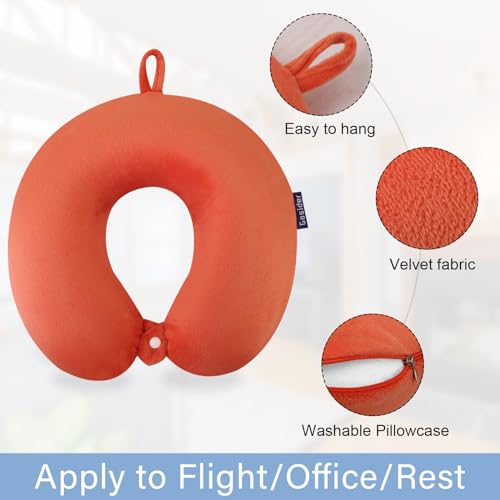 Orange Memory Foam Velvet Travel Neck Pillow for Airplane Car Train - color: Orange