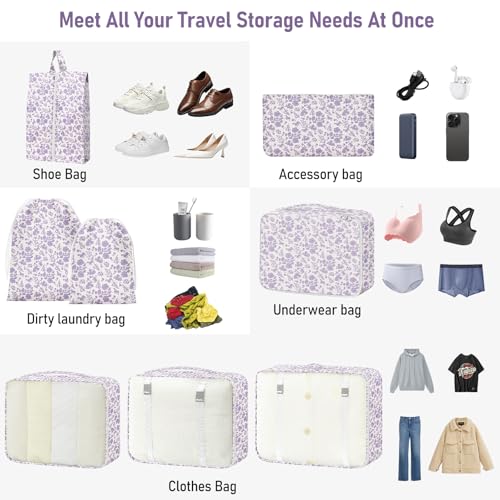Packing Cubes for Travel - 8 Set Luggage Organizer Bags for Family, Mesh Breathable Packing Cubes for Suitcases Durable Travel Essentials Bags Set - color: Purple Floral