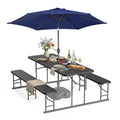 VINGLI Folding Picnic Table and Bench Set with Umbrella, Portable Outdoor Dining Furniture for Camping, Patio, Backyard, Wood Grain Plastic Top with Metal Frame with Dark Blue Umbrella - color: Black, style: With Umbrella