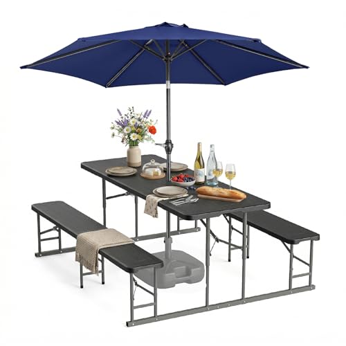 VINGLI Folding Picnic Table and Bench Set with Umbrella, Portable Outdoor Dining Furniture for Camping, Patio, Backyard, Wood Grain Plastic Top with Metal Frame with Dark Blue Umbrella - color: Black, style: With Umbrella
