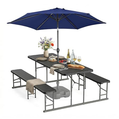 VINGLI Folding Picnic Table and Bench Set with Umbrella, Portable Outdoor Dining Furniture for Camping, Patio, Backyard, Wood Grain Plastic Top with Metal Frame with Dark Blue Umbrella - color: Black, style: With Umbrella