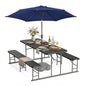 VINGLI Folding Picnic Table and Bench Set with Umbrella, Portable Outdoor Dining Furniture for Camping, Patio, Backyard, Wood Grain Plastic Top with Metal Frame with Dark Blue Umbrella - color: Black, style: With Umbrella