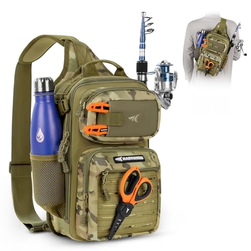 KastKing BlowBak Tactical Sling Tackle Bag-Lightweight Fishing Backpack Storge Fishing Gear and Equipment,Gift for Men - color: A: Khaki Camo（14” X 8” X 6”）, size: Standard