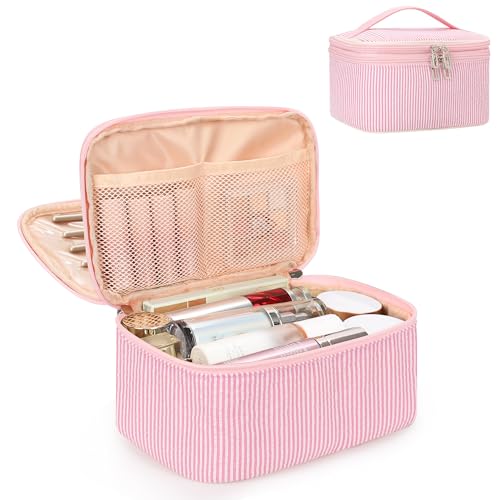 Relavel Large Makeup Bag, Portable Pink Cosmetic Bag for Girls, Dual-layer Makeup Pouch with Brush Holder, Multi-Functional Preppy Toiletry Organizer for Travel, Daily Use - Pink Strip - color: 01-Pink Strip, size: LARGE