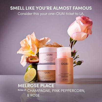 OUAI Melrose Place Travel Essentials - Aluminum Free Deodorant (2.5 oz) + Body Cleanser Travel (3 oz) + Body Cream Travel (3.4 oz) - Hydration, Freshness & Rosy Scented Self-Care Set