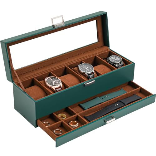 ProCase Watch Box, 6 Slot Watches Display Case with Drawer, Mens Watch Case with Glass Lid, 2-Layer Mens Jewelry Organizer Storage Holder, Birthday Valentine Gifts for Men -6 Slot, MidnightGreen - color: Midnight Green, size: 6-Slot