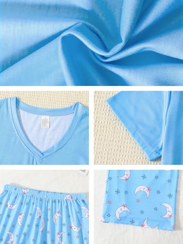 YIJIU Women Soft Comfy Pajamas Cute Cat Short Sleeve Capri Pants PJS Set - color: Blue Moon, size: XX-Large