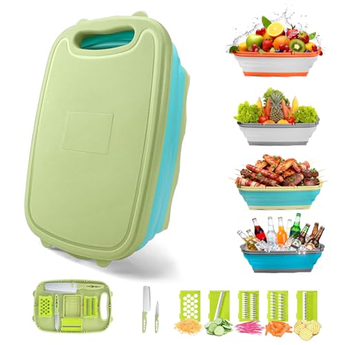 Gintan Camping Cutting Board, 9-in-1 Collapsible Chopping Board with Colander, Kitchen Vegetable Washing Basket for Camping, Camping Gifts Camping essentials for RV Campers (Blue Green) - color: Blue Green