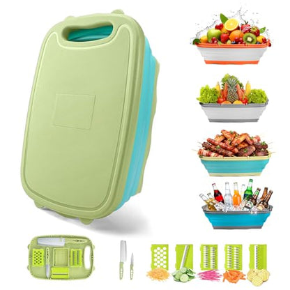 Gintan Camping Cutting Board, 9-in-1 Collapsible Chopping Board with Colander, Kitchen Vegetable Washing Basket for Camping, Camping Gifts Camping essentials for RV Campers (Blue Green) - color: Blue Green