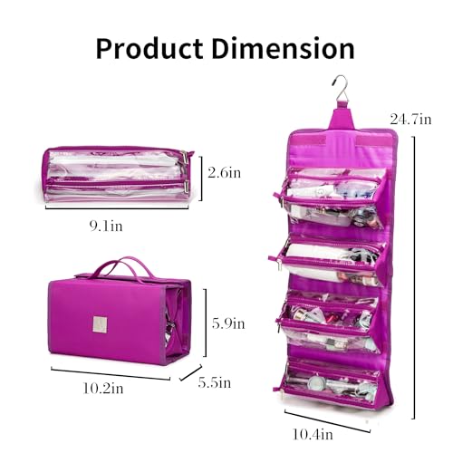 ROYALFAIR Roll Up Makeup Bag, Travel Toiletry Bag for Women with 4 Clear TSA Approved Pouches, Hanging Travel Organizer, Folding Cosmetic Bag for Men and Women - color: Purple