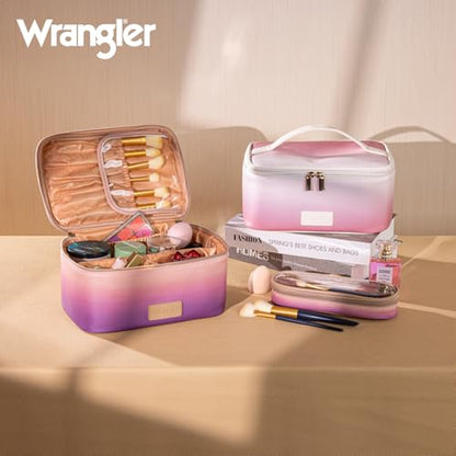 Montana West X Wrangler Travel Makeup Bag 2pcs Set Large Cosmetic Bag with Makeup Brush Holder Portable Make Up Organizer Cute Toiletry Bag with Divider and Handle for Women Gradient - color: Purple