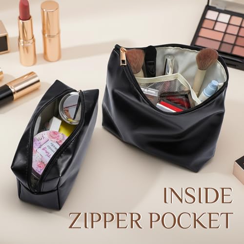 Kigeli 2 Pcs PU Leather Makeup Bag Set for Women Waterproof Aesthetic Cosmetic Bag Large & Small Travel Toiletry Organizer Pouch Skincare Organizer Bridesmaid Mother's Day Birthday Gift(Black) - color: Black