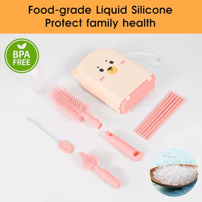 Travel Bottle Washing Kit with Storage Case, 7-in-1 Baby Travel Bottle Cleaner Kit for Travel and Home, All-in-One Baby Bottle Brush Set with Drying Rack for Bottles and Breast Pump Parts (Pink) - color: Pink
