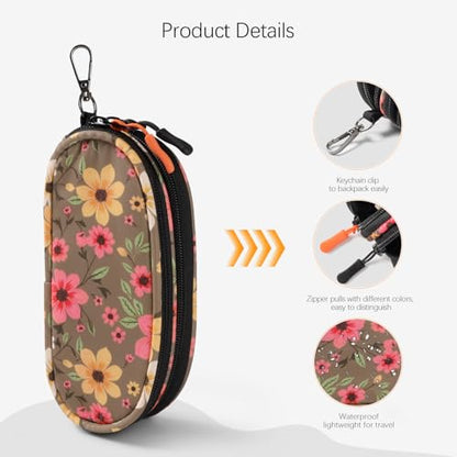 Double Eyeglasses Case Soft Portable Zipper Sunglasses Pouch with Keychain Clip for Men Women - color: Brown Flower